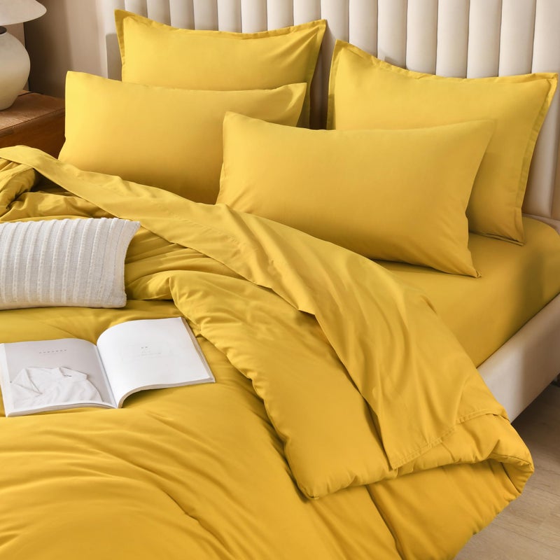 Litanika Litanika Comforter Queen Size Set Mustard Yellow - 7 Pieces Bed in a Bag Queen Beddding Comforter Sets  Plain Lightweight Bed Set with Comforter  Sheets  Pillowcases & Shams  - Image 4