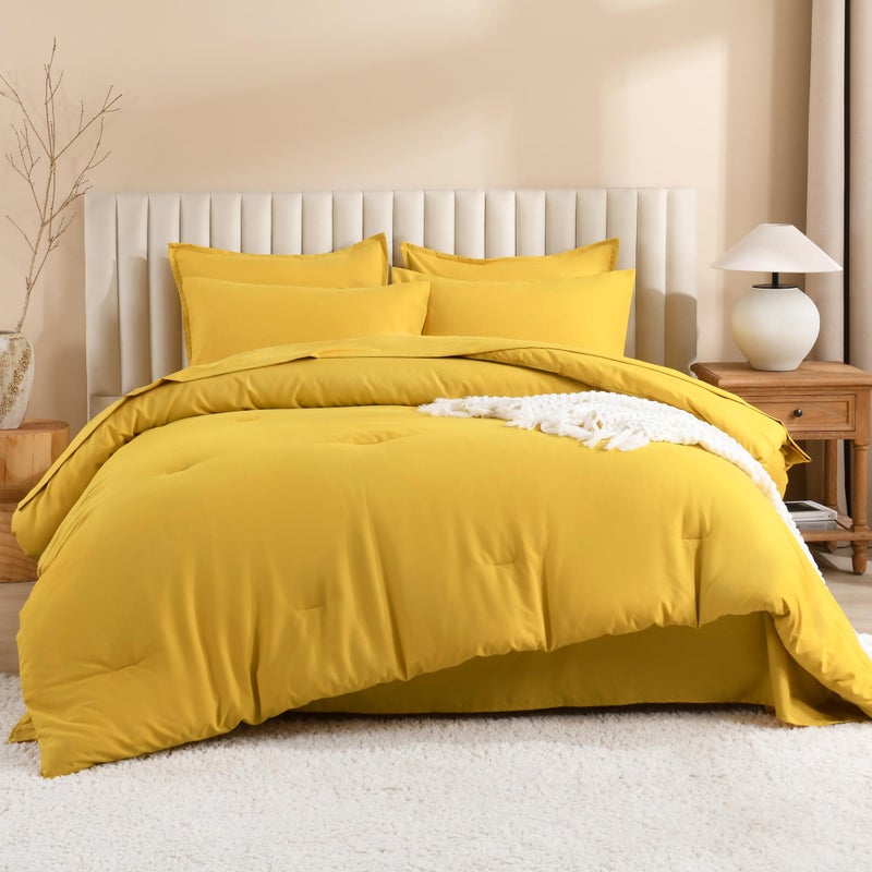 Litanika Litanika Comforter Queen Size Set Mustard Yellow - 7 Pieces Bed in a Bag Queen Beddding Comforter Sets  Plain Lightweight Bed Set with Comforter  Sheets  Pillowcases & Shams  - Image 2