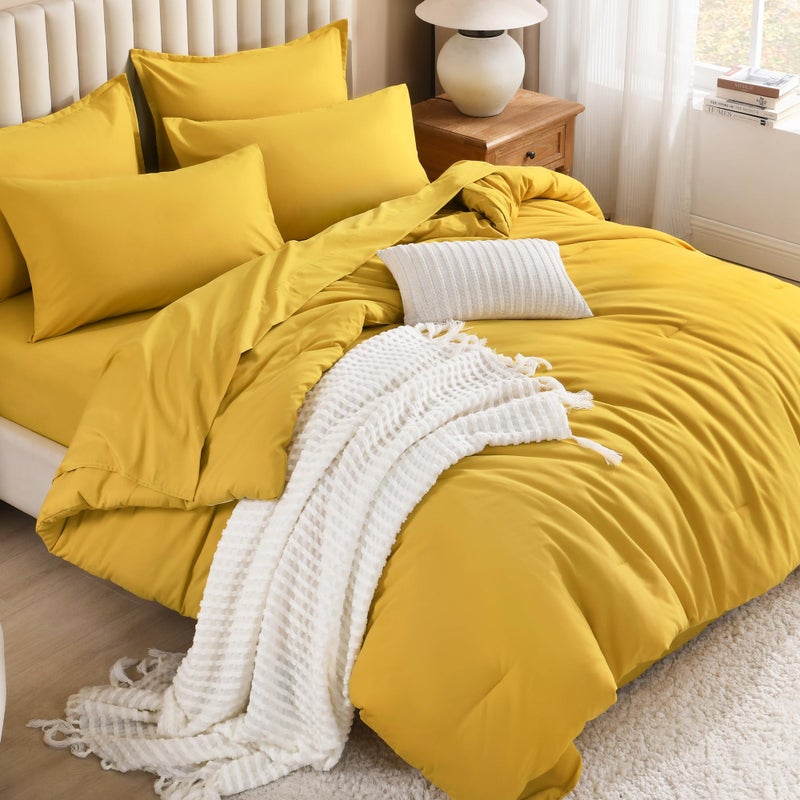 Litanika Litanika Comforter Queen Size Set Mustard Yellow - 7 Pieces Bed in a Bag Queen Beddding Comforter Sets  Plain Lightweight Bed Set with Comforter  Sheets  Pillowcases & Shams  - Image 3