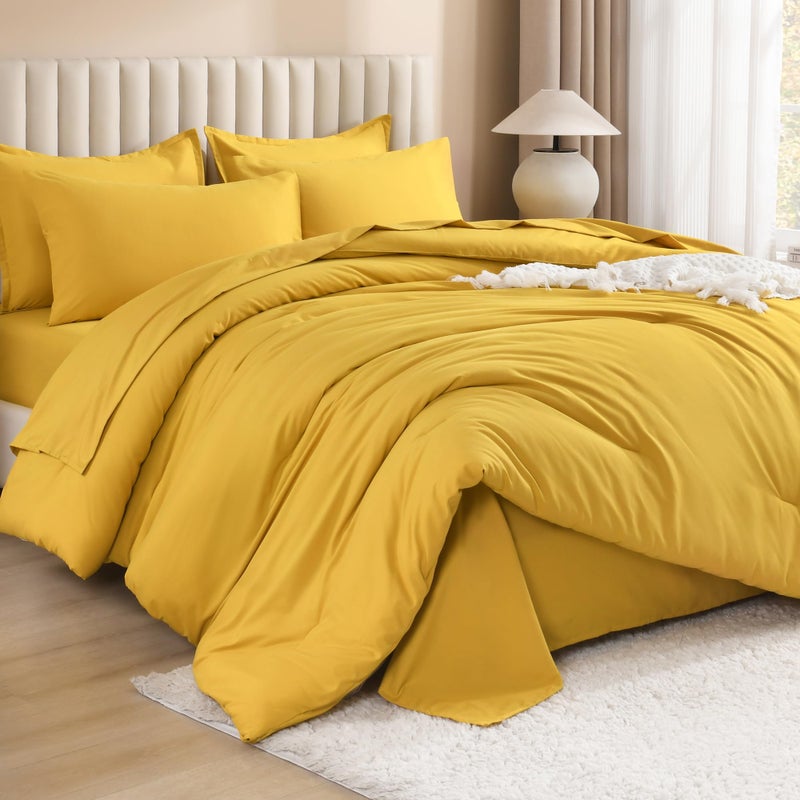 Litanika Litanika Comforter Queen Size Set Mustard Yellow - 7 Pieces Bed in a Bag Queen Beddding Comforter Sets  Plain Lightweight Bed Set with Comforter  Sheets  Pillowcases & Shams  - Image 1