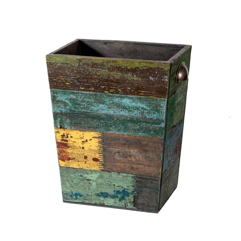 TIMRIS Small Wood Trash Can Wastebasket, Farmhouse Rectangular Garbage Can Waste Basket, Rustic Distressed Boho Wooden Trash Recycling Bin with Metal Handles, Reclaimed Wood Storage Basket (Random) - Image 1