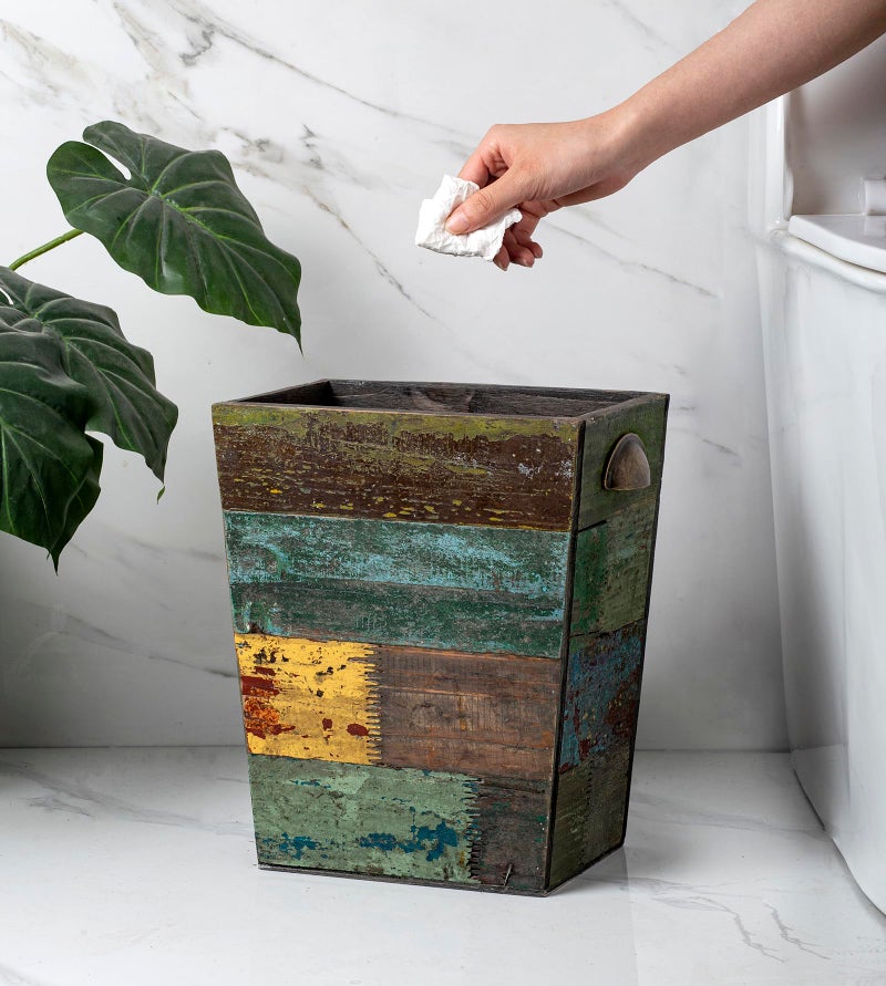 TIMRIS Small Wood Trash Can Wastebasket, Farmhouse Rectangular Garbage Can Waste Basket, Rustic Distressed Boho Wooden Trash Recycling Bin with Metal Handles, Reclaimed Wood Storage Basket (Random) - Image 4