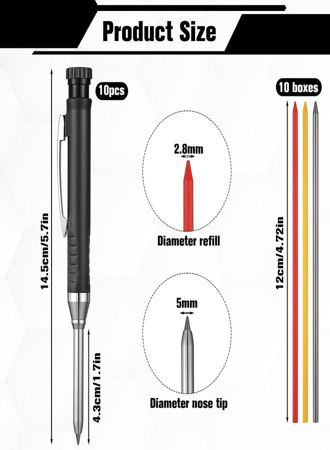 BOHUIZ 10 Pcs Solid Carpenter Pencils with 60 2.8mm Refills, Needle Nose Tip Hole Marker with Built-in Sharpener for Woodworking Drafting Architect Tool - Image 2