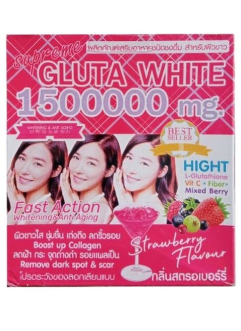 Supreme Gluta White 1500000 mg – Fast-Action Whitening & Anti-Aging Drink (Strawberry Flavor, 150g | 15g × 10 Sachets)