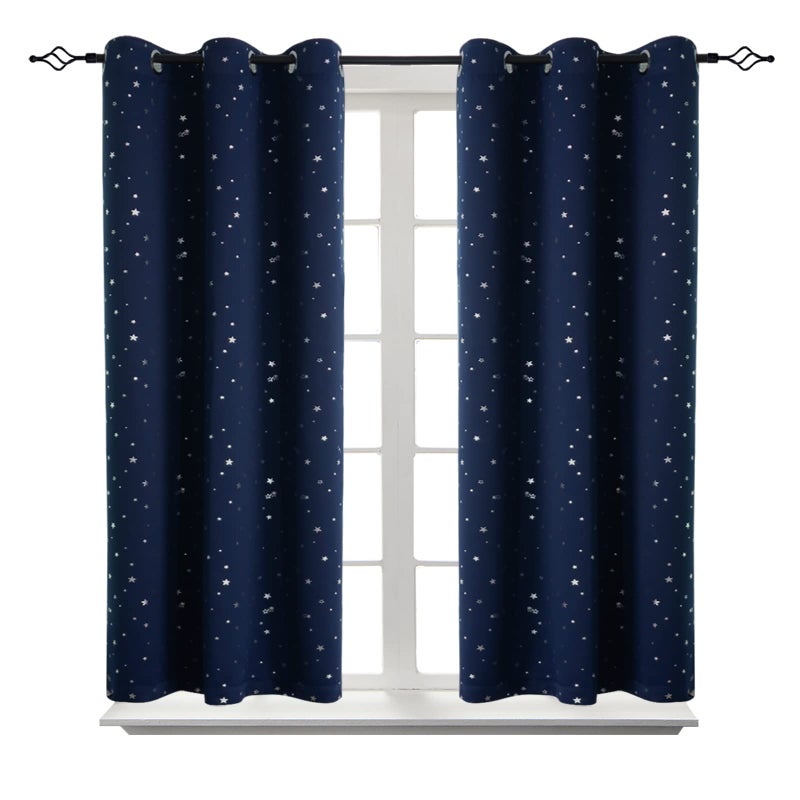 BGment Kids Blackout Curtains for Bedroom - Grommet Thermal Insulated Silver Star Print Room Darkening Curtains for Living Room, Set of 2 Panels (42 x 54 Inch, Navy Blue) - Image 1