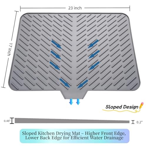 LKYLIVE Silicone Drying Mat, 23"X17" With Built-in Drain Lip,Heat-Resistant,Eco-friendly,Hygienic Drying Pad,Leak-Proof and Non-Slip,Silicone Dish Drying Mat for Kitchen Counter or Sink（Gray 23X17） - Image 2