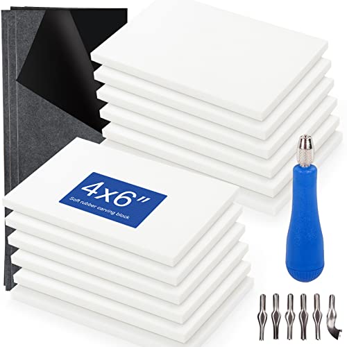 Falling in Art Carving Blocks Stamp Making kit Linoleum Blocks Printing Kit with 6 Shaped Blades Cutting Tool12 Pack Rubber Carving Blocks and 3 Carbon Papers for Printmaking Stamps Crafts