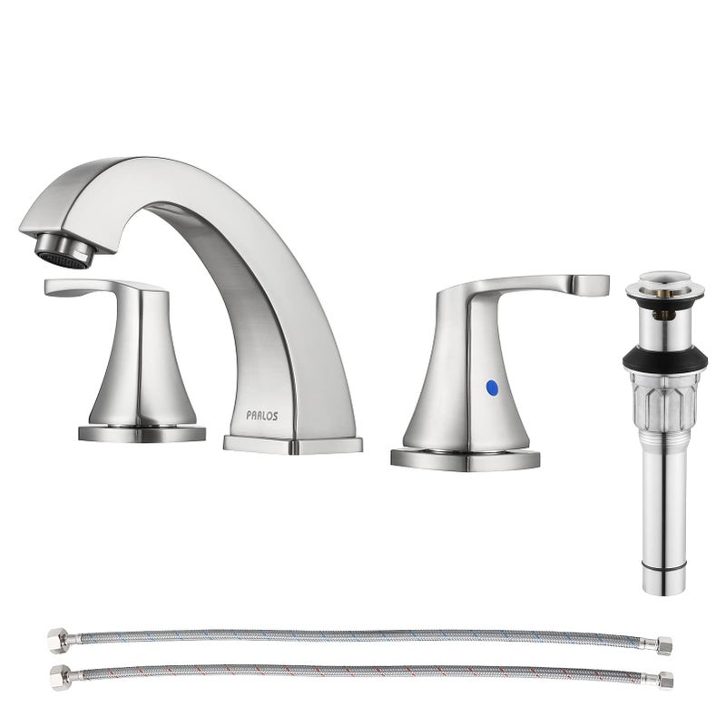 PARLOS Widespread Double Handles Bathroom Faucet with Pop Up Drain and cUPC Faucet Supply Lines Brushed Nickel Doris 14172