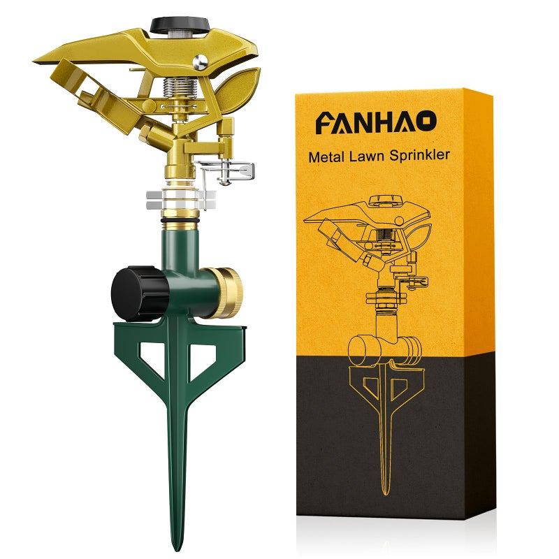FANHAO Heavy Duty Pulsating Impact Sprinkler on Spike Base, 100% Metal Impact Sprinkler with 360Â° Adjustable Spray Pattern for Large Area Lawn & Yard Irrigation, Covers Up to 5800 sq. Ft - Image 1