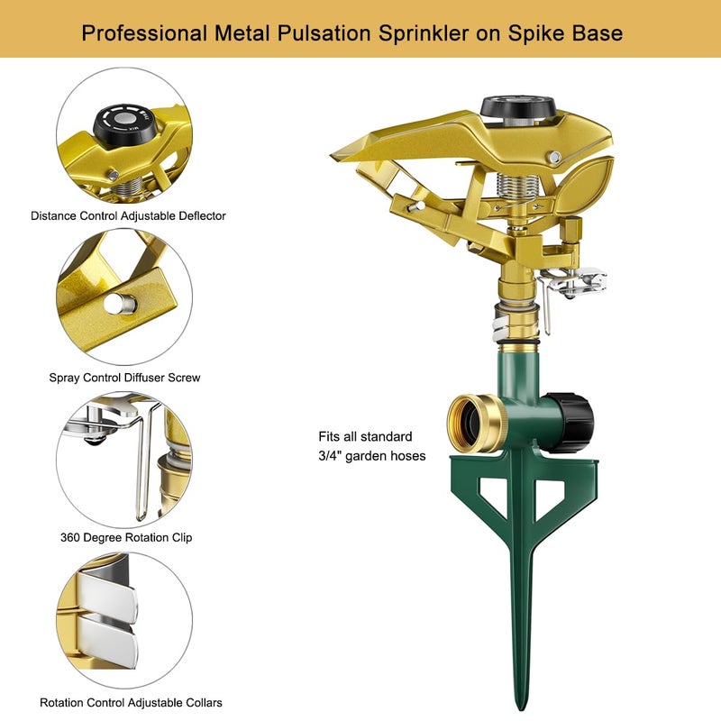 FANHAO Heavy Duty Pulsating Impact Sprinkler on Spike Base, 100% Metal Impact Sprinkler with 360Â° Adjustable Spray Pattern for Large Area Lawn & Yard Irrigation, Covers Up to 5800 sq. Ft - Image 3