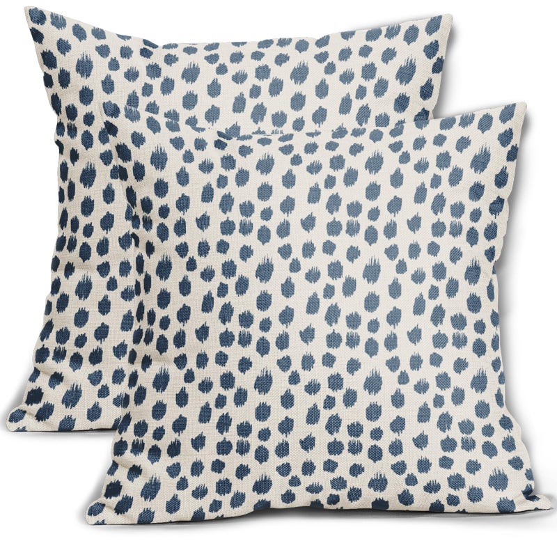 Sweetshow Dusty Blue Cream Pillow Covers 18x18 Set of 2 Boho Design Polka Dot Throw Pillows Modern Brush Strokes Print Decorative Outdoor Pillowcase Square Cushion Cover Linen Pillow Case for Sofa Couch Bed - Image 1