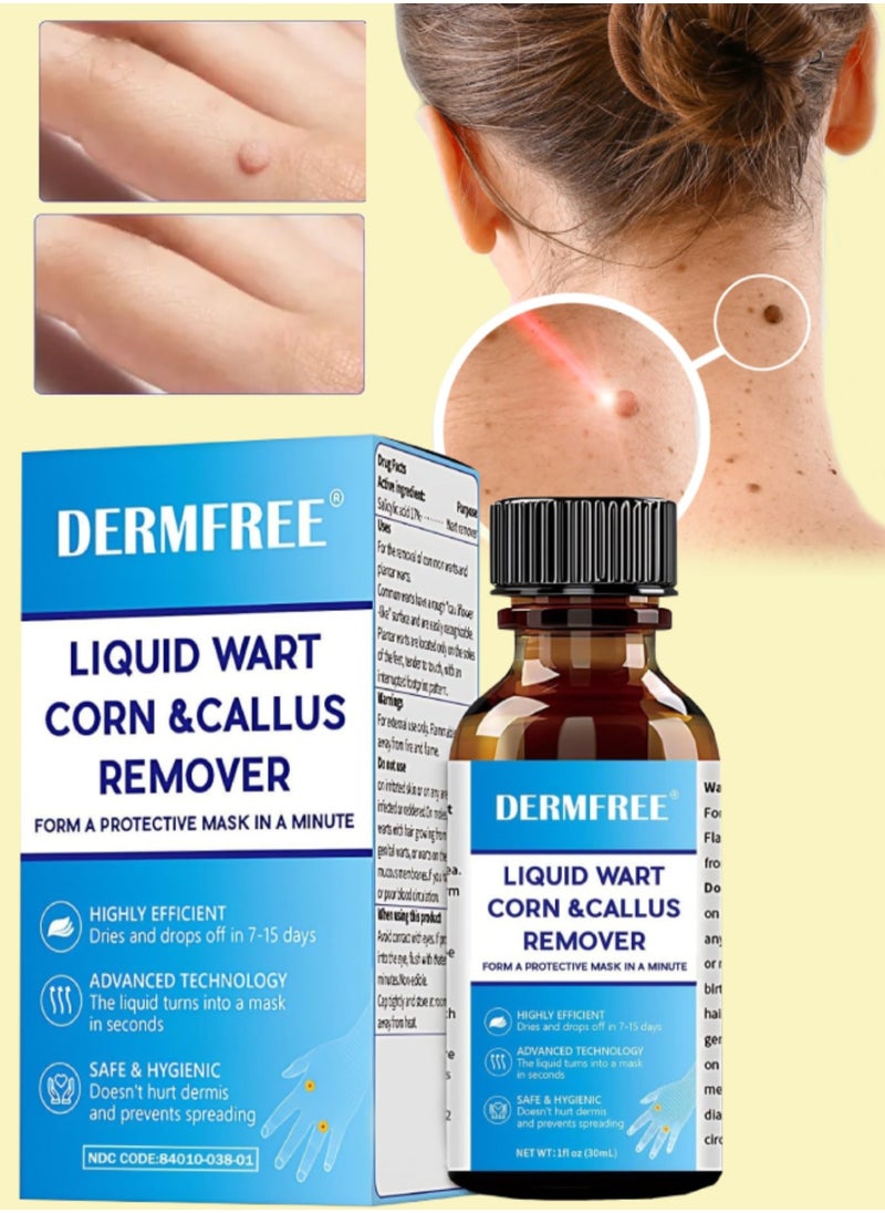 DERMFREE - Liquid Wart Corn and Callus Remover Fast Action Wart Remover Warts Removal Liquid with Salicylic Acid Remove Plantar Warts Common and Flat Wart Feet Corn Callus Treatment Liquid 30ml - Image 1