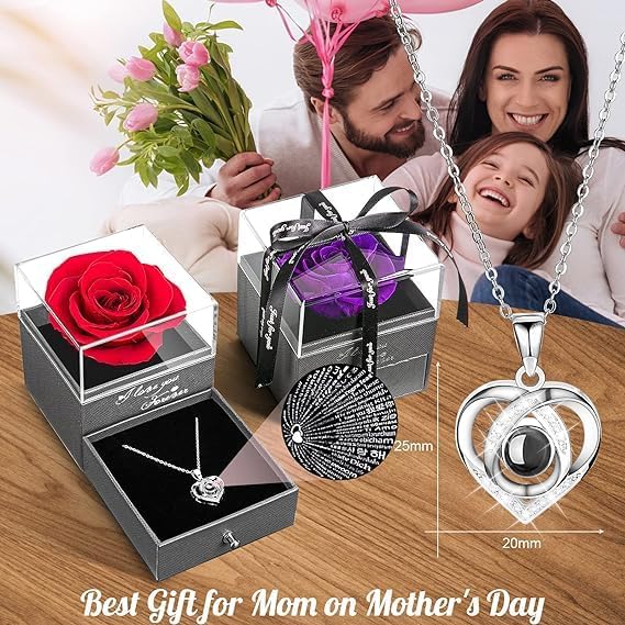 Bindex Preserved Rose Flower Gifts for Women Real Rose Flower with Heart Necklace Eternal Flowers Rose Gifts Infinity Fresh Flower with Jewelry Gift for Birthday Gift Women - Image 2