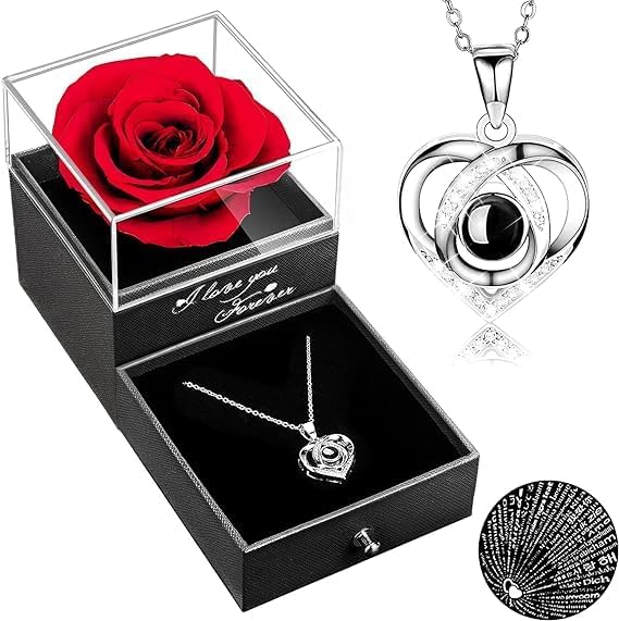 Bindex Preserved Rose Flower Gifts for Women Real Rose Flower with Heart Necklace Eternal Flowers Rose Gifts Infinity Fresh Flower with Jewelry Gift for Birthday Gift Women - Image 1