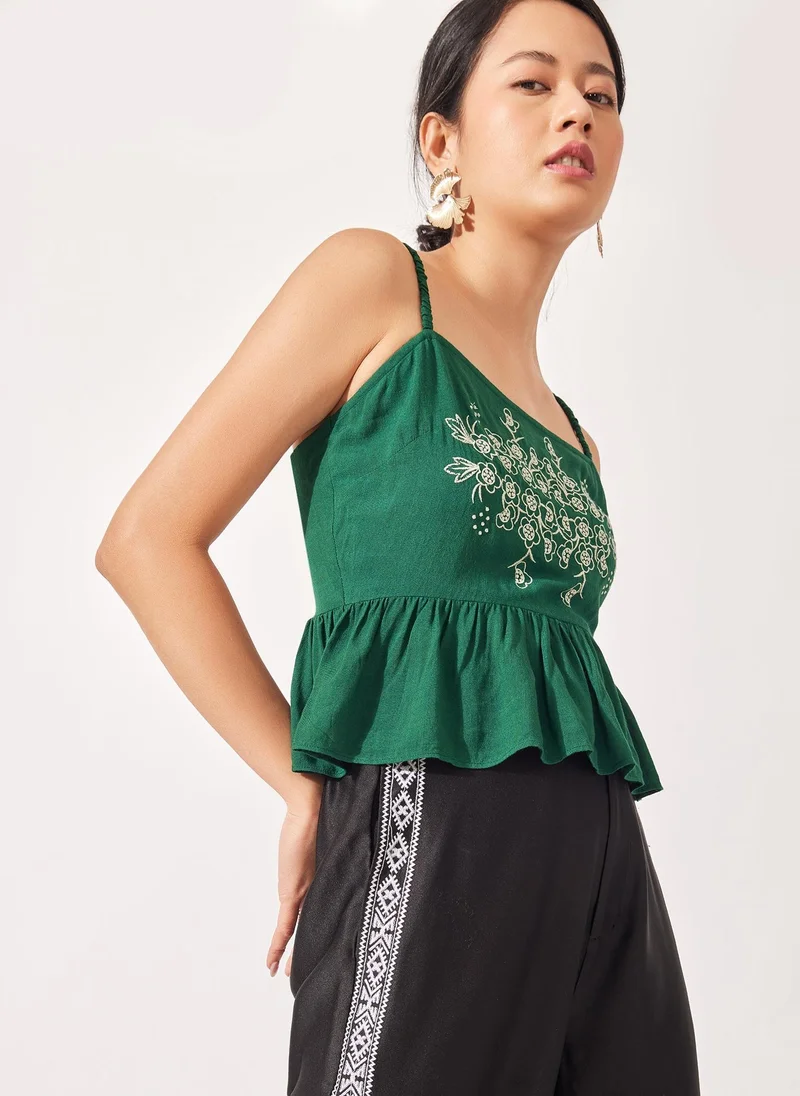 The Label Life Green Embroidered Peplum Cami