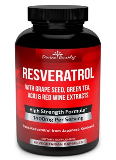 Divine Bounty Resveratrol Supplement - 1400mg Extra Strength Formula with Grape Seed Extract, Green Tea Extract, Red Wine Extract - 60 Veggie Capsules  - Image 1