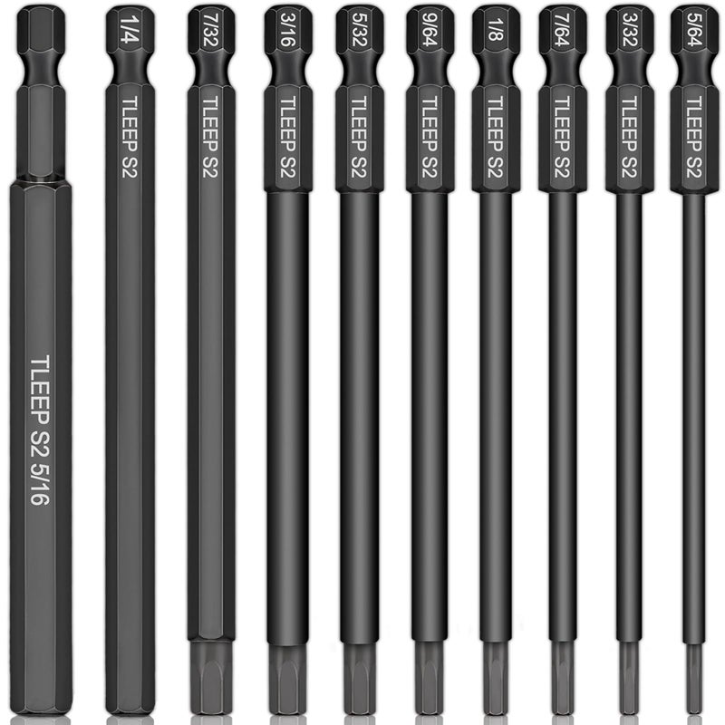 TLEEP 10 x Long 100MM 1/4 Inch Hex Head Allen Wrench Drill Bits, 5/16” to 5/64”, SAE, Magnetic Tips Screwdriver Socket Bit Set for Ikea Type Furniture (S2 Steel 5/16 inch to 5/64 inch) - Image 1