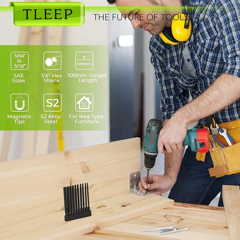 TLEEP 10 x Long 100MM 1/4 Inch Hex Head Allen Wrench Drill Bits, 5/16” to 5/64”, SAE, Magnetic Tips Screwdriver Socket Bit Set for Ikea Type Furniture (S2 Steel 5/16 inch to 5/64 inch) - Image 3