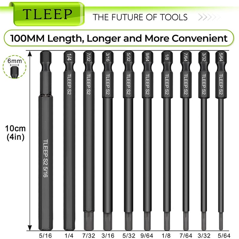 TLEEP 10 x Long 100MM 1/4 Inch Hex Head Allen Wrench Drill Bits, 5/16” to 5/64”, SAE, Magnetic Tips Screwdriver Socket Bit Set for Ikea Type Furniture (S2 Steel 5/16 inch to 5/64 inch) - Image 2