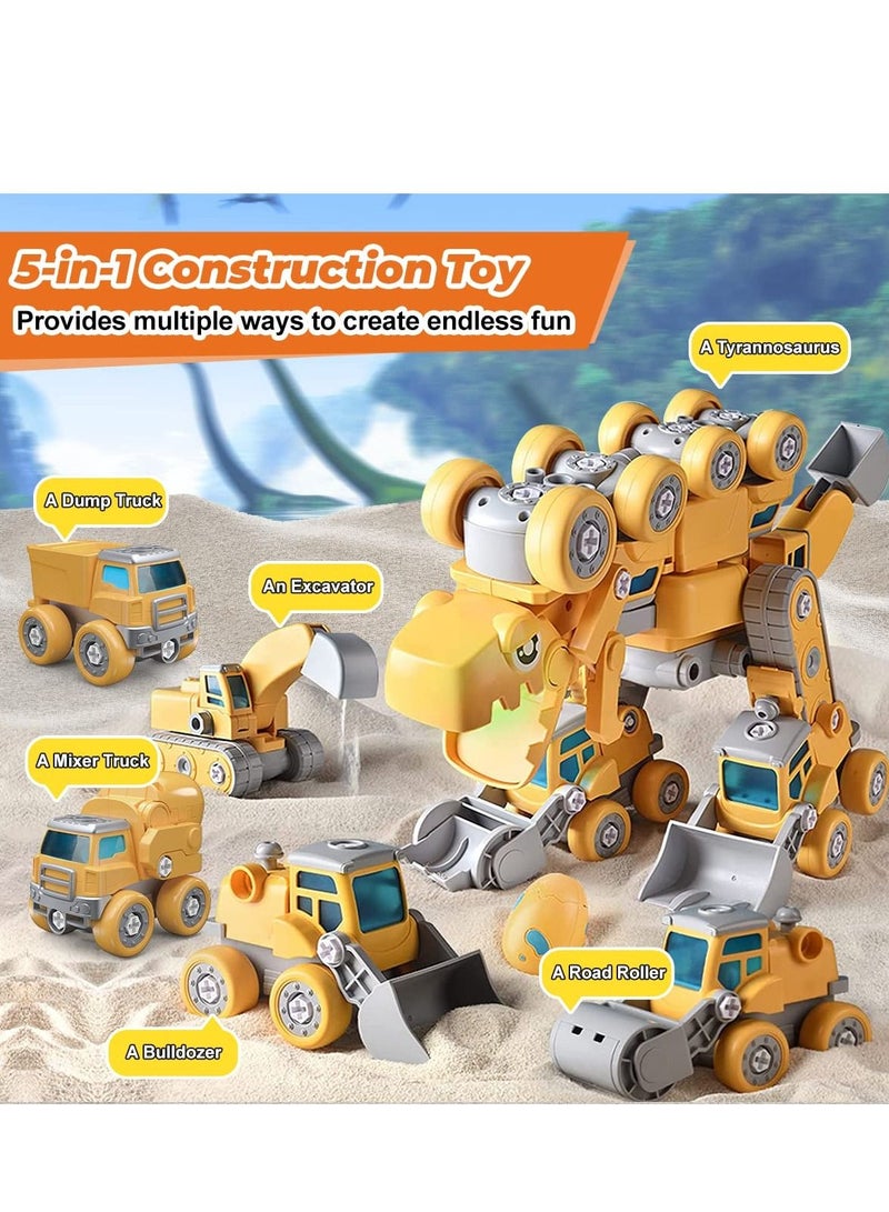 Loquat Construction Truck Toys, 5-in-1 Take Apart Dinosaur Transform Vehicles Set with Egg  Screwdriver, Light Sound, Educational STEM Building Toys Gifts for 4+ Year Old Boys Girls - Image 2
