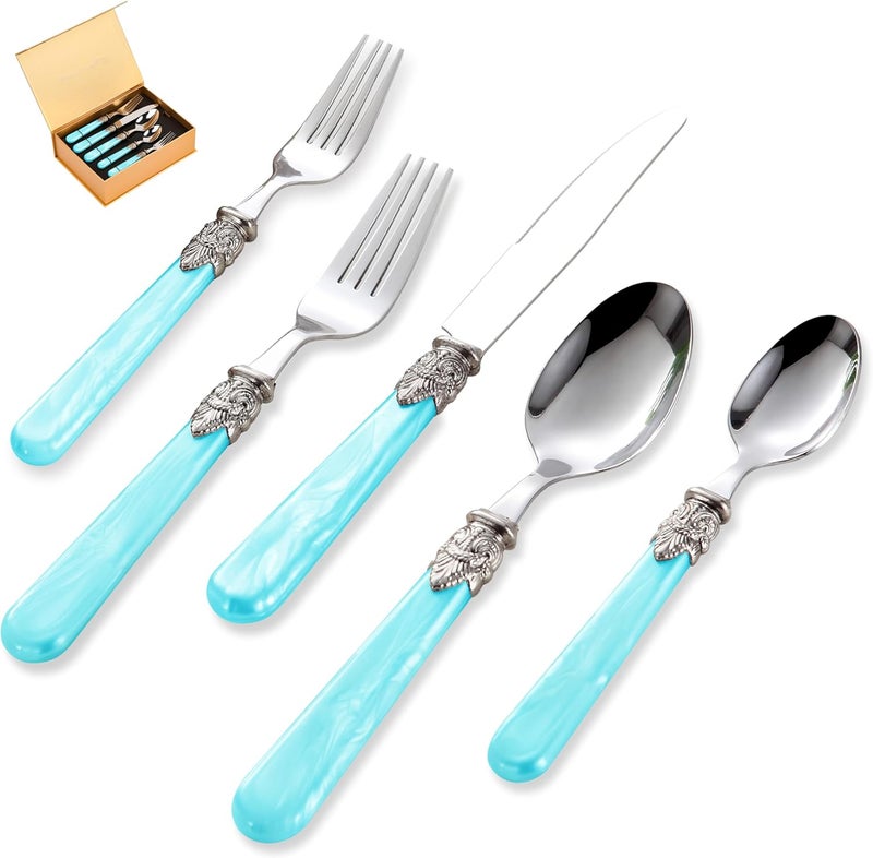 CATHYLIN 20 pieces 1810 Stainless Steel Silverware Sets With Blue HandleVintage Cutlery SetsSliverware set Service for 4Dishware Safe 20 Blue - Image 1