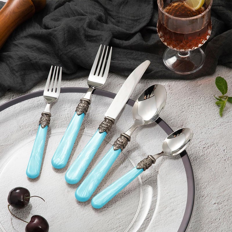 CATHYLIN 20 pieces 1810 Stainless Steel Silverware Sets With Blue HandleVintage Cutlery SetsSliverware set Service for 4Dishware Safe 20 Blue - Image 5