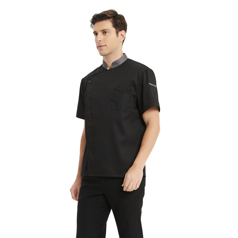 TopTie Unisex Short Sleeve Chef Coat Jacket, Black with Gray Collar - Image 4