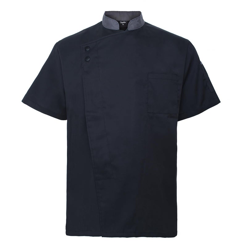 TopTie Unisex Short Sleeve Chef Coat Jacket, Black with Gray Collar - Image 1