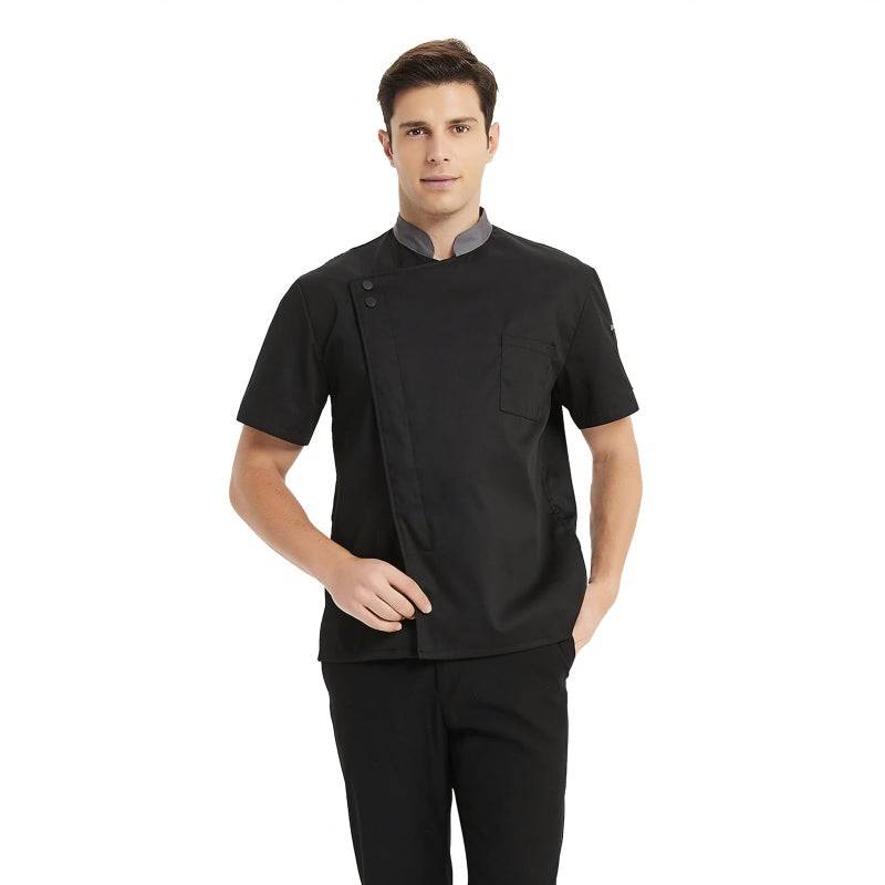 TopTie Unisex Short Sleeve Chef Coat Jacket, Black with Gray Collar - Image 2