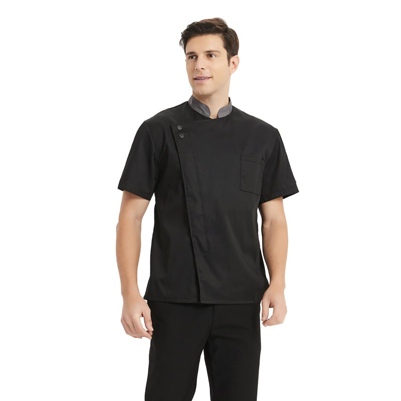 TopTie Unisex Short Sleeve Chef Coat Jacket, Black with Gray Collar - Image 5