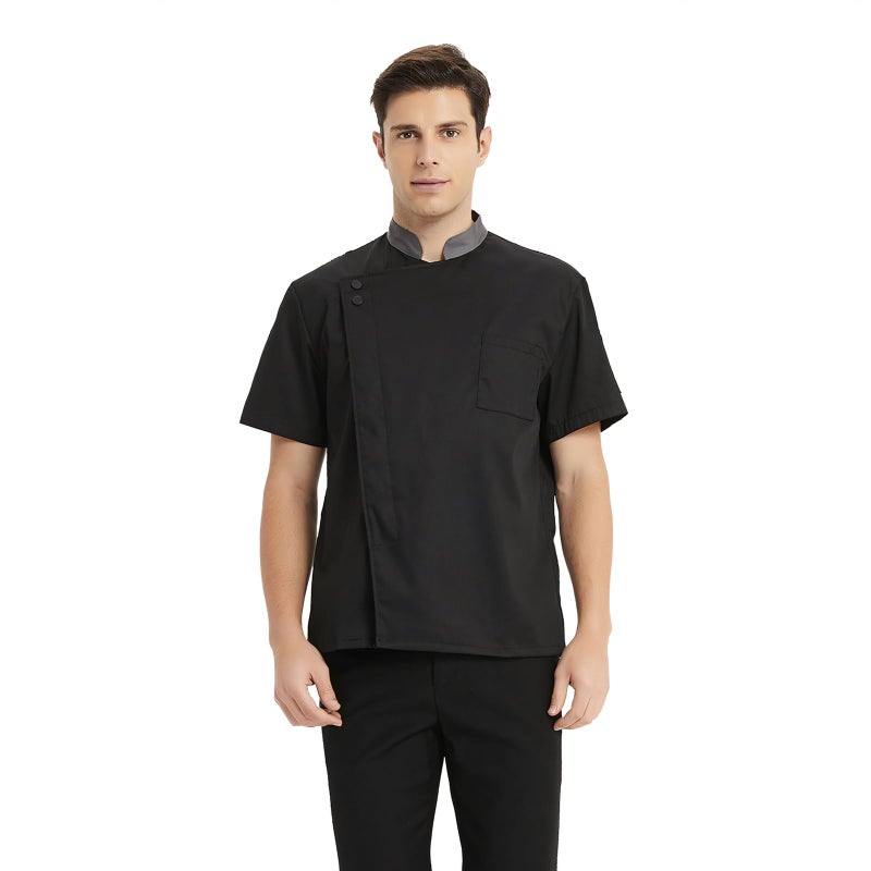TopTie Unisex Short Sleeve Chef Coat Jacket, Black with Gray Collar - Image 3
