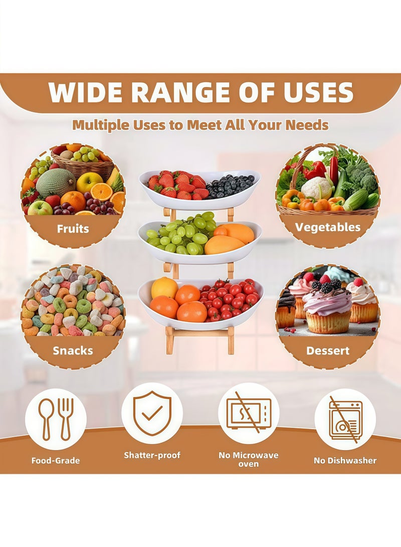 إتش كيو جيمنغ سلة فواكه من 3 طبقات لطاولة المطبخ ومنظم سطح الطاولة ووعاء الفاكهة مع حامل خشبي وحامل فواكه ذو طبقات بيضاء وطبق حلوى الفواكه والخضروات ومنظم الوجبات الخفيفة للمكسرات والكعك والحلوى - Image 3
