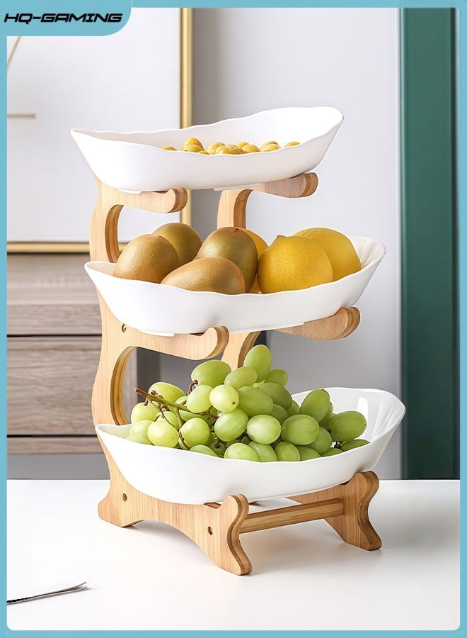 إتش كيو جيمنغ سلة فواكه من 3 طبقات لطاولة المطبخ ومنظم سطح الطاولة ووعاء الفاكهة مع حامل خشبي وحامل فواكه ذو طبقات بيضاء وطبق حلوى الفواكه والخضروات ومنظم الوجبات الخفيفة للمكسرات والكعك والحلوى - Image 1