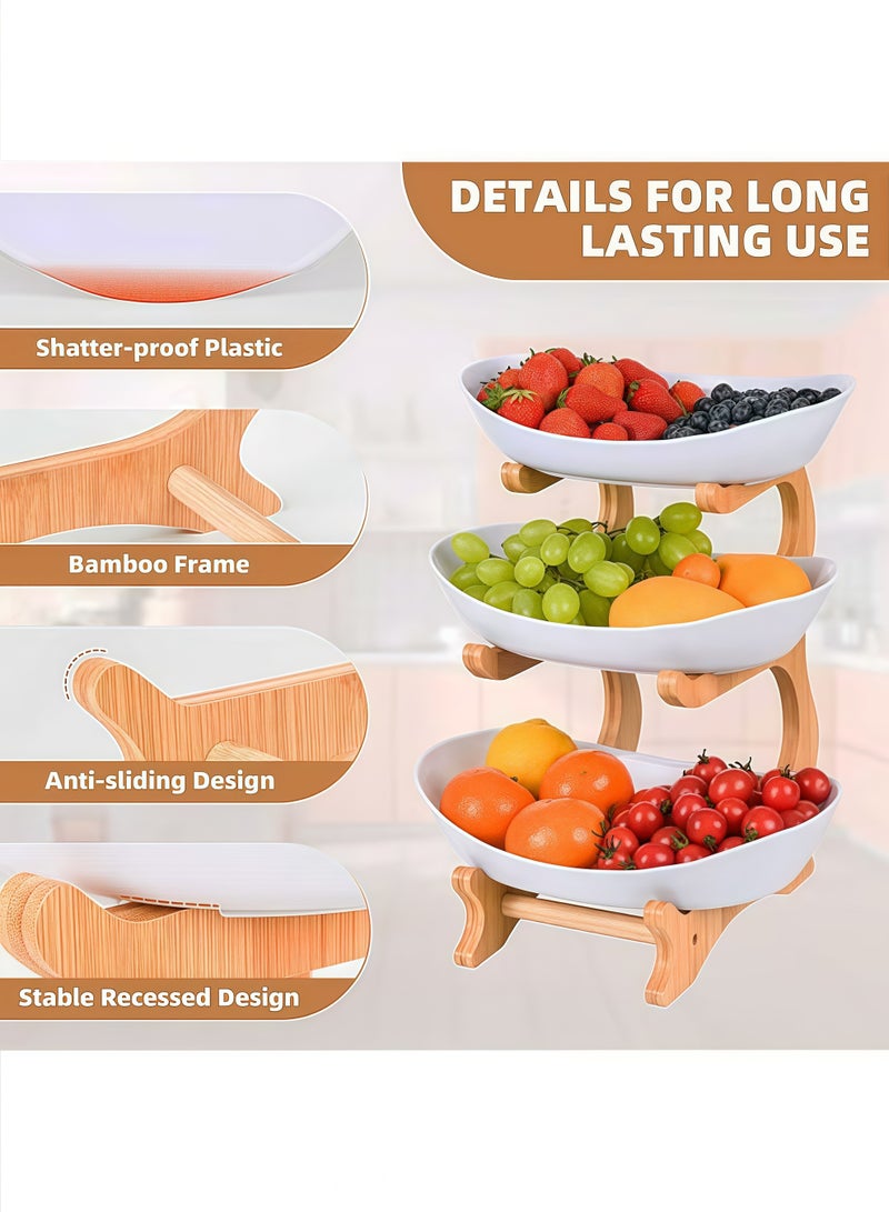 إتش كيو جيمنغ سلة فواكه من 3 طبقات لطاولة المطبخ ومنظم سطح الطاولة ووعاء الفاكهة مع حامل خشبي وحامل فواكه ذو طبقات بيضاء وطبق حلوى الفواكه والخضروات ومنظم الوجبات الخفيفة للمكسرات والكعك والحلوى - Image 4