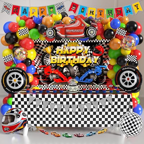 Fayoo 105Pcs Race Car Birthday Party Decorations Race Car Balloon Garland Kit and Checkered Flag Party Supplies Cupcake Toppers Party Decorations Set for Boys Girls Car Party Theme Decoration - Image 1