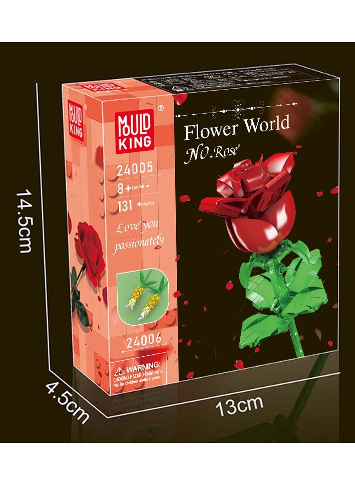 24005 Rose flower building blocks, plant collection, 131 pieces, DIY artificial flowers, clips, suitable for Valentine's Day, birthday gifts (excluding vases)