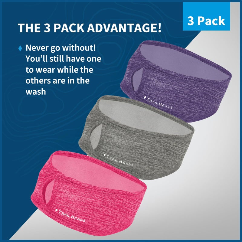 TrailHeads Womenâ€™s Ponytail Headband | Moisture Wicking Ear Band | The Power Running Headband (Heather Pink-Grey-Purple) 3-Pack - Image 3