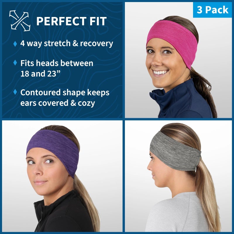 TrailHeads Womenâ€™s Ponytail Headband | Moisture Wicking Ear Band | The Power Running Headband (Heather Pink-Grey-Purple) 3-Pack - Image 2