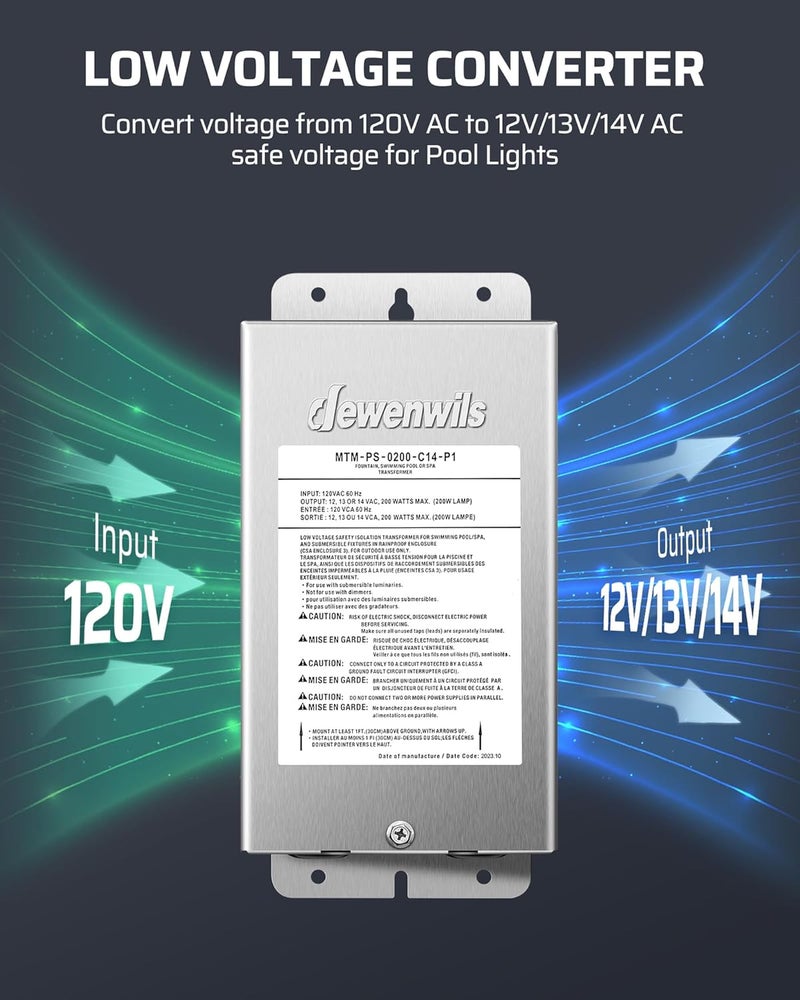 DEWENWILS 200W Low Voltage Transformer, 120V AC to 12V/13V/14V AC, for Landscape and Pool Lights, Spa, Underwater Fountain Lights - Image 3