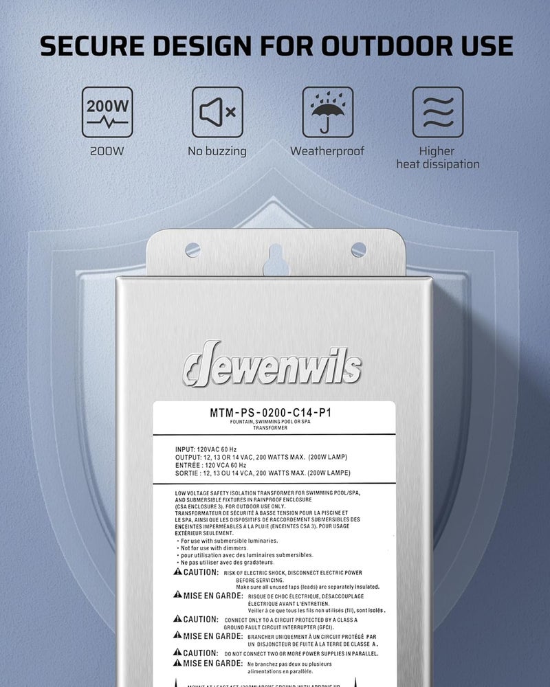 DEWENWILS 200W Low Voltage Transformer, 120V AC to 12V/13V/14V AC, for Landscape and Pool Lights, Spa, Underwater Fountain Lights - Image 5