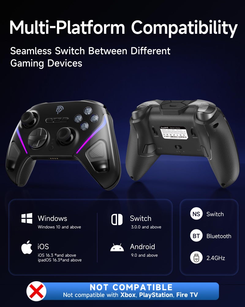 EasySMX D10 Wireless Controller with Smart Charging Dock – TMR Anti-Drift Joysticks, Dual-Mode Hall/Tactile Triggers, 1000Hz Polling, Mechanical Buttons, RGB Lighting – Bluetooth/2.4G Gamepad for PC/Switch/Switch 2/iOS/Android - Image 5