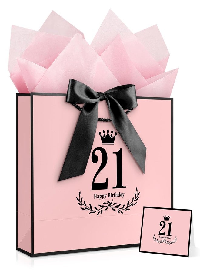YoungTree 21st Birthday Gift Bag with Tissue Papers and 1 Greeting Card Ribbon,Portable Paper Gift Bags with Handles,Pink Black Present Bags for 21st Birthday Decorations Supplies 12.6" x 8.6" x 4.3" - Image 1