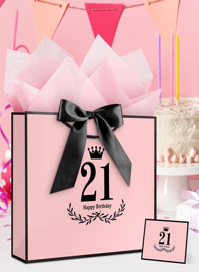 YoungTree 21st Birthday Gift Bag with Tissue Papers and 1 Greeting Card Ribbon,Portable Paper Gift Bags with Handles,Pink Black Present Bags for 21st Birthday Decorations Supplies 12.6" x 8.6" x 4.3" - Image 2