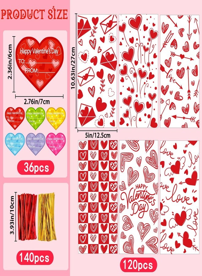 DULEFUN 120pcs Valentines Cellophane Goodie Bags 6 Styles Valentines Day Red Heart Clear Candy Treat Gift Bags with Tags and Twist Ties for Valentines Party Favors Supplies - Image 3