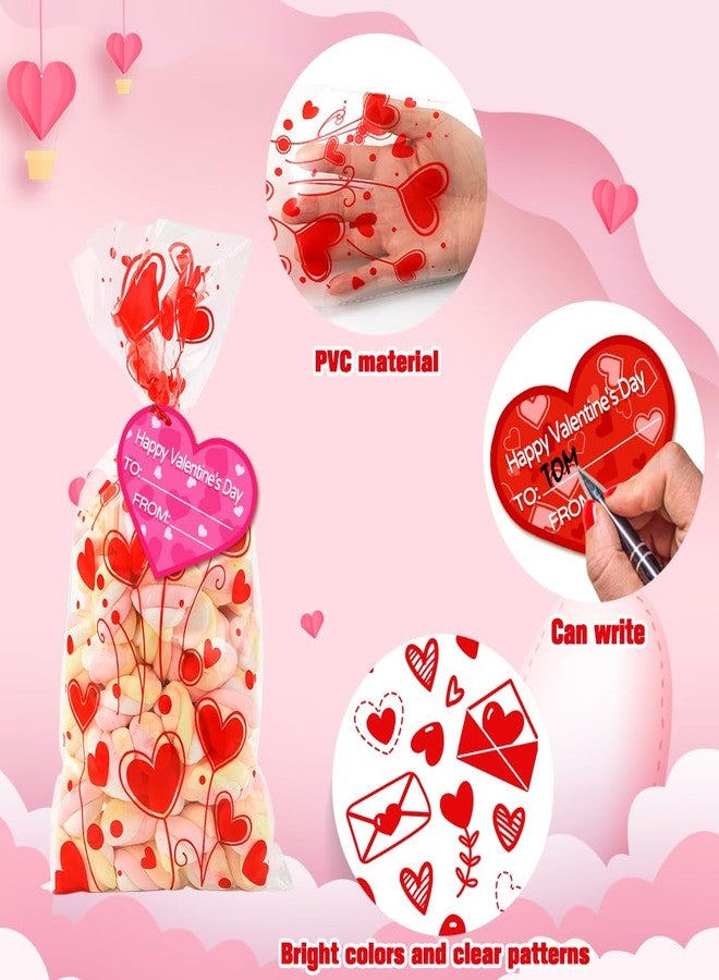 DULEFUN 120pcs Valentines Cellophane Goodie Bags 6 Styles Valentines Day Red Heart Clear Candy Treat Gift Bags with Tags and Twist Ties for Valentines Party Favors Supplies - Image 2