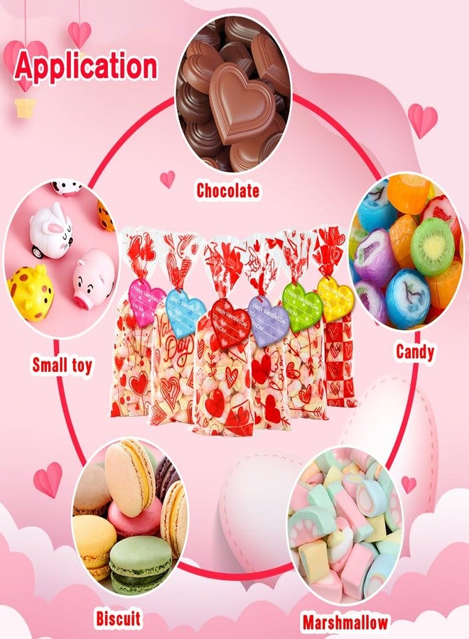 DULEFUN 120pcs Valentines Cellophane Goodie Bags 6 Styles Valentines Day Red Heart Clear Candy Treat Gift Bags with Tags and Twist Ties for Valentines Party Favors Supplies - Image 4