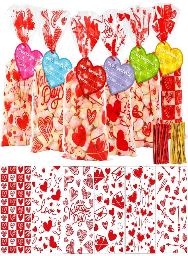 DULEFUN 120pcs Valentines Cellophane Goodie Bags 6 Styles Valentines Day Red Heart Clear Candy Treat Gift Bags with Tags and Twist Ties for Valentines Party Favors Supplies - Image 1