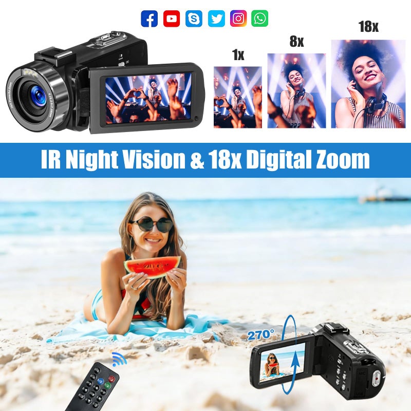 DINGIXOC 4K Camcorder Video Camera, 80MP HD Vlogging Camera for YouTube with IR Night Vision, 18X Digital Zoom, 3.0" IPS Screen, SD Card, 2 Batteries - Image 3