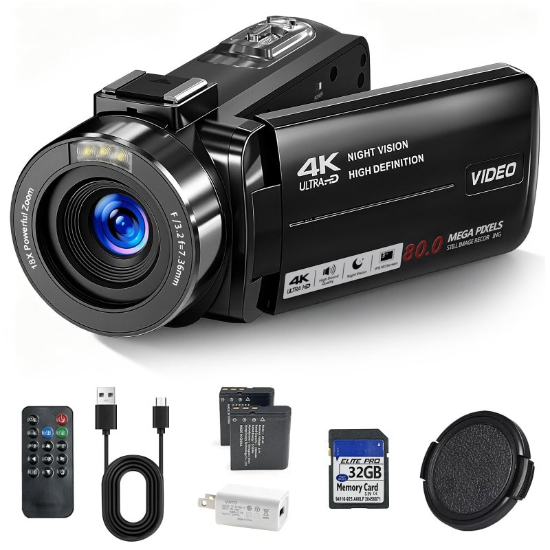 DINGIXOC 4K Camcorder Video Camera, 80MP HD Vlogging Camera for YouTube with IR Night Vision, 18X Digital Zoom, 3.0" IPS Screen, SD Card, 2 Batteries - Image 1