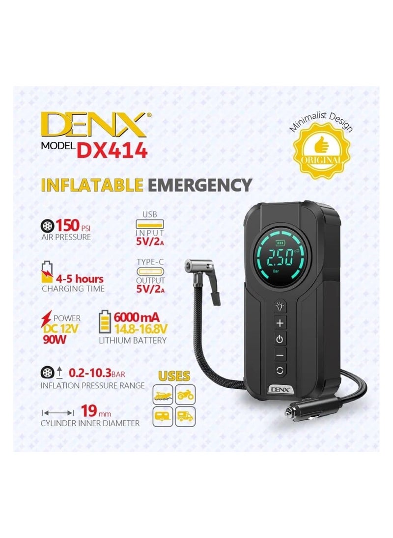 Denx - DENX Inflatable Emergency Portable Car Starter Battery with Built-in air Blower, All In One Machine 6000 mAh 16.8V Lithium Battery 90W, DX414 - Image 1